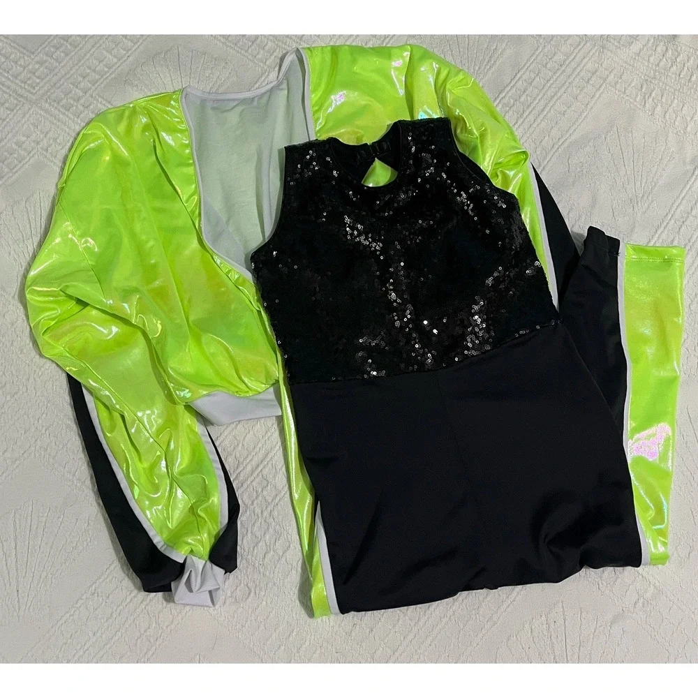 Revolution Girls Neon Green/Black Sequin Jacket Unitard Set Polyester LC RC25789